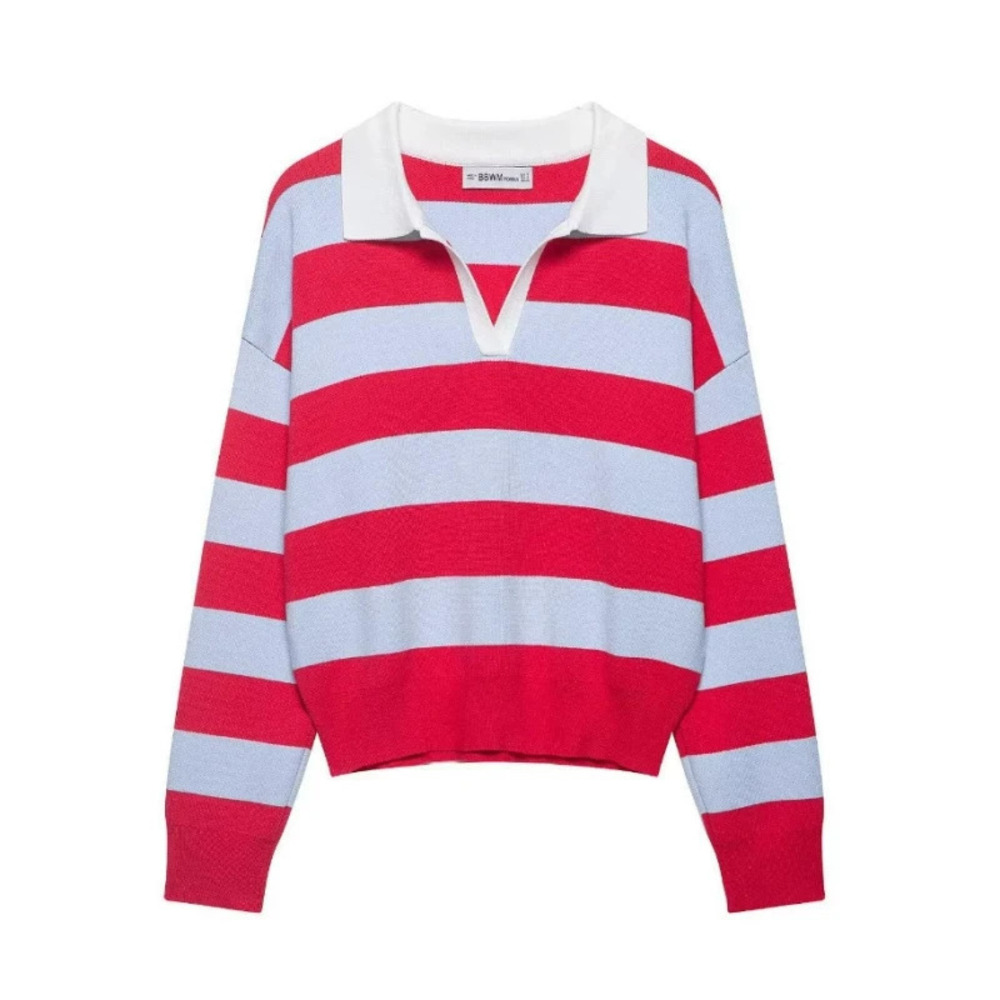 ZARA Fashionable Striped Collar Long Sleeve Knit Top